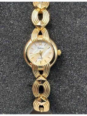 Vintage Galaxie Women Watch Gold Tone Mother of Pearl Dial New Battery 6.5"